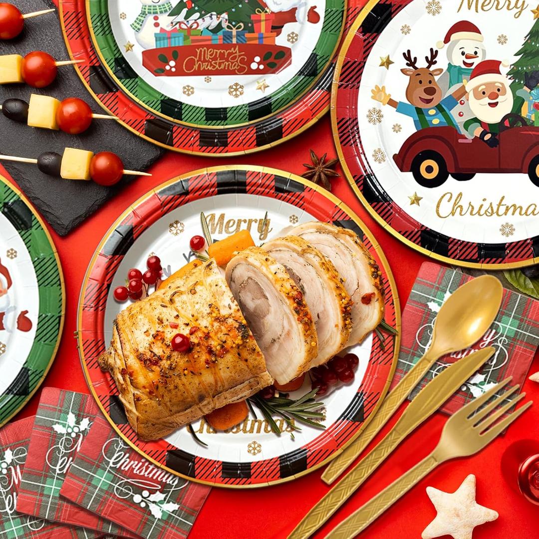 350 PCS Christmas Paper Plates and Napkins Sets, Christmas Tableware Set Includes Disposable Dessert Plates Cups Gold Knives Forks Spoons Disposable Dinnerware Set (50 Guest)