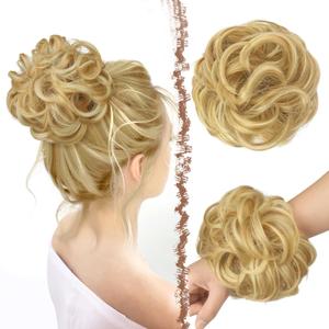 Messy Bun Hair Pieces - Large Wavy Curly Elastic Hair Bun Scrunchies Ponytail Extensions Synthetic Chignon Hairpieces for Women, Strawberry Blonde & Bleach Blonde, 2 PCS