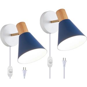 Wall Sconces Lighting Set of 2 for Bedroom, Black Dimmable Wood Style Wall Sconce Reading Lamp, Adjustable Wall Light for Bedroom Hallway Living Room (Blue-Plug in, 2)