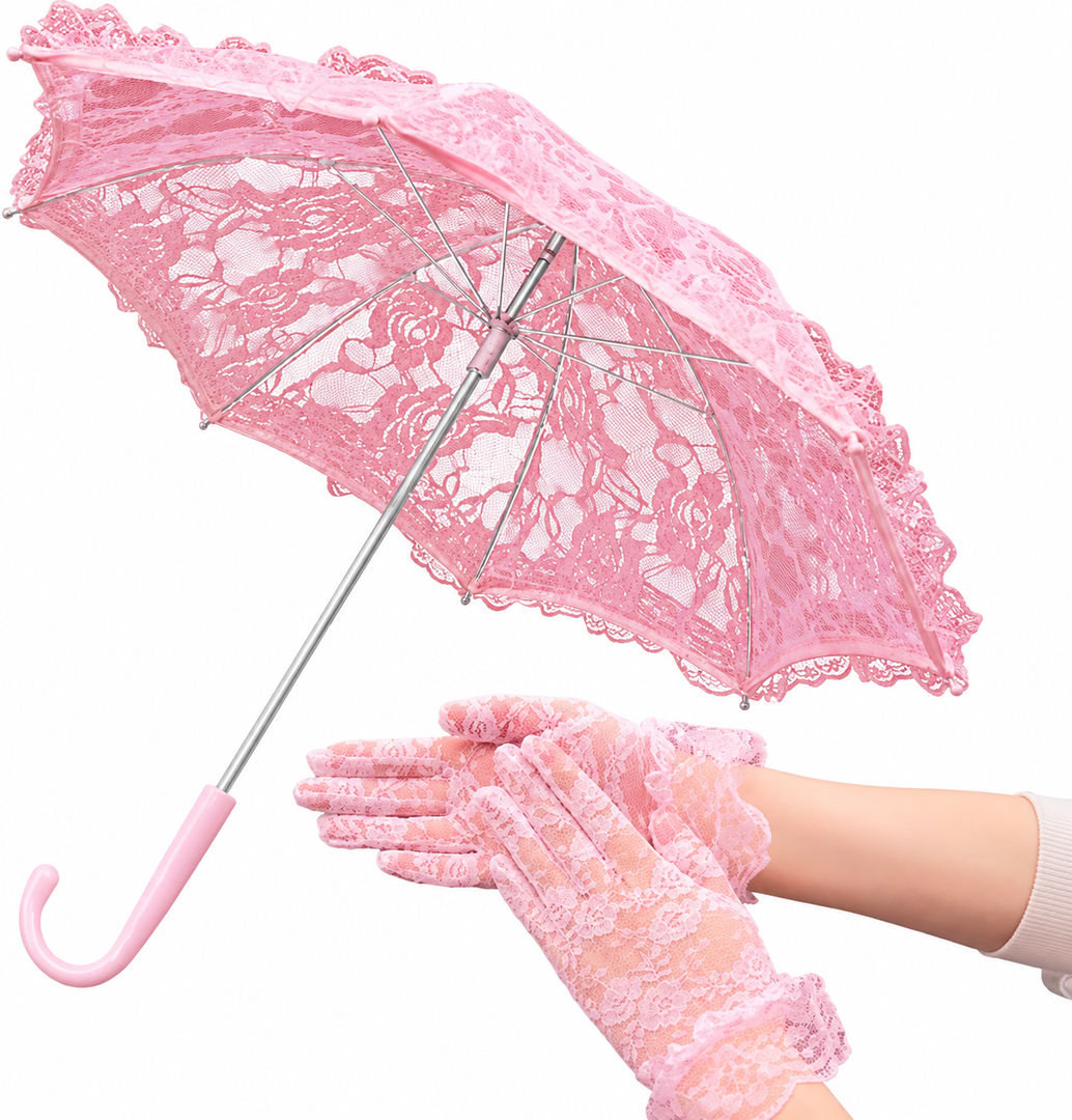 Solnique Mini Pink Lace Parasol with Floral Gloves, Vintage Lace Umbrella for Wedding Decor, Tea Party & Photography Props