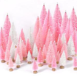 30Pcs Mini Christmas Trees Artificial Christmas Tree Bottle Brush Trees with Wooden Base for Christmas Decor Christmas Party Home Table Craft Decorations(Pink+White)