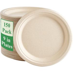 Vplus 150 Pack Paper Plates 9 inch 100% Compostable, Heavy-Duty Disposable Paper Plates Bagasse Natural Biodegradable Eco-Friendly Sugarcane