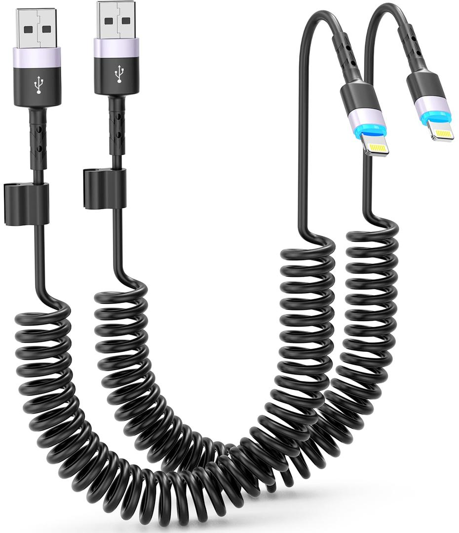 Coiled Lightning Cable, 2 Pack, 3 FT, iPhone Cord for Car, Apple CarPlay [MFi Certified], Short USB to Lightning Charging Compatible with iPhone 14/13/12/11, iPad, AirPods (Black)