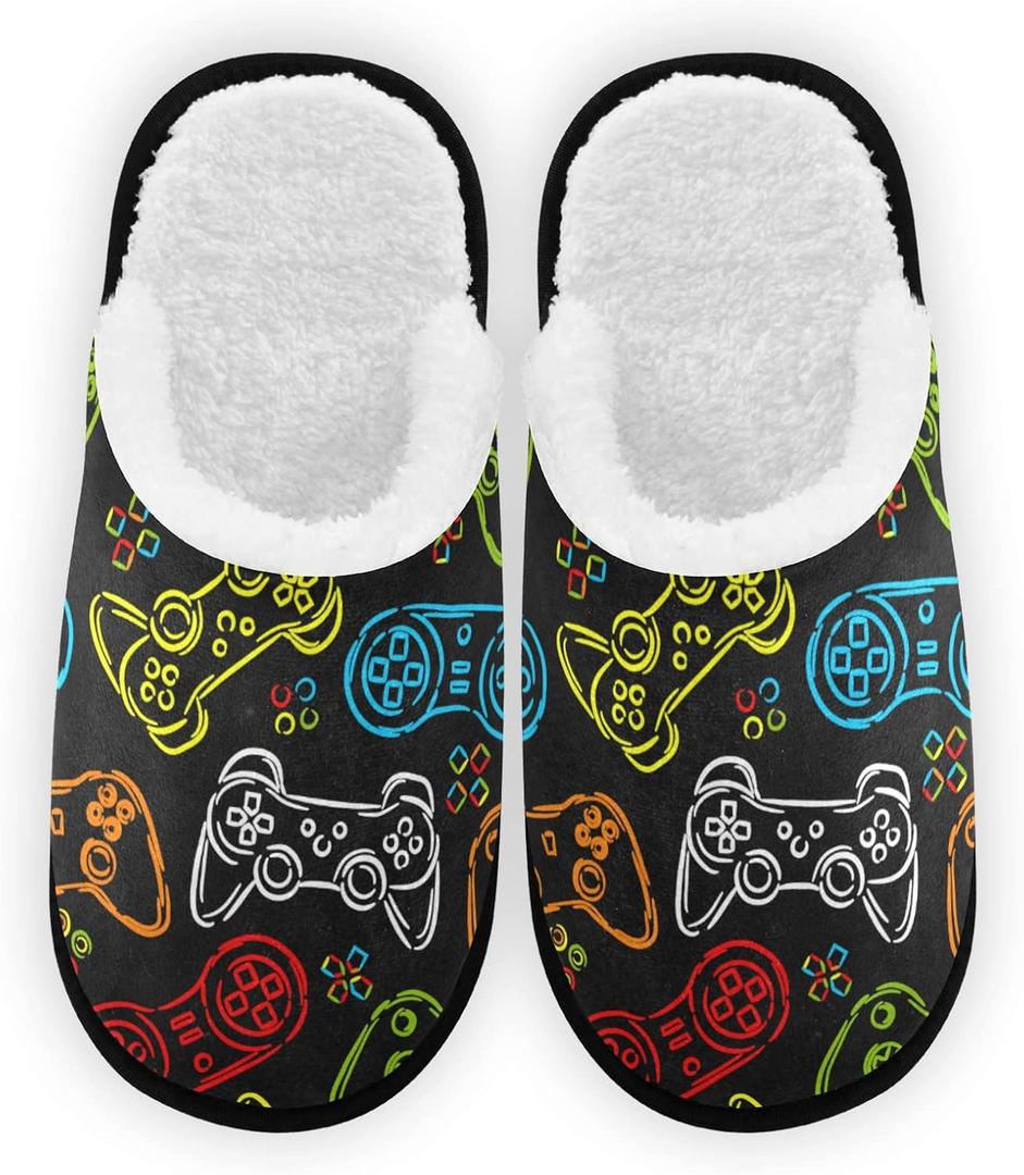 Fisyme Video Game Slippers for Women Girls, Soft Memory Foam Non-Slip Indoor House Slippers Home Shoes for Bedroom Hotel Travel Spa (M)