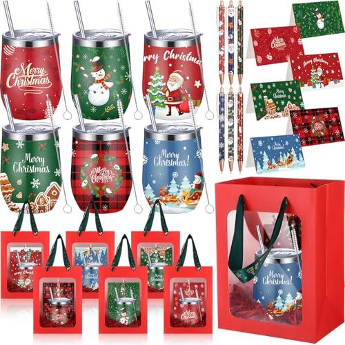 Patelai 30 Pcs 2025 Christmas Tumbler Gift Set for Employees 12oz Stainless Steel Coffee Mug Christmas Cups with Lid and Straw Pens Card Gift Bags Set for Colleague Coworker Party Supplies