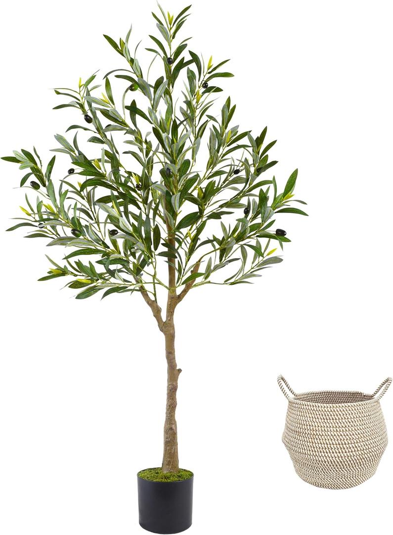 Warmplants Artificial Olive Tree, 4ft Tall Fake Olive Leaves Plant with Basket, Indoor Outdoor Faux Olive Topiary Silk Tree for Home Livingroom Office Décor