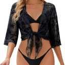 Totatuit Womens Sheer Shrug Tie Front Bell Sleeve Summer Cropped Bolero Cardigan (Large, Flocked Black)