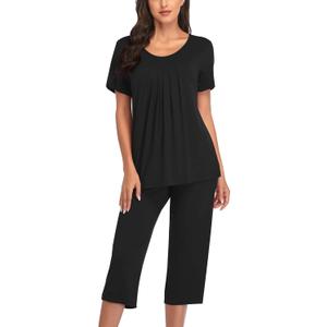 COLORFULLEAF Women's Pajama Sets Summer Pjs Lounge Sets for Women Soft Sleepwear Top and Capri Pants with Pockets (Black, XL)