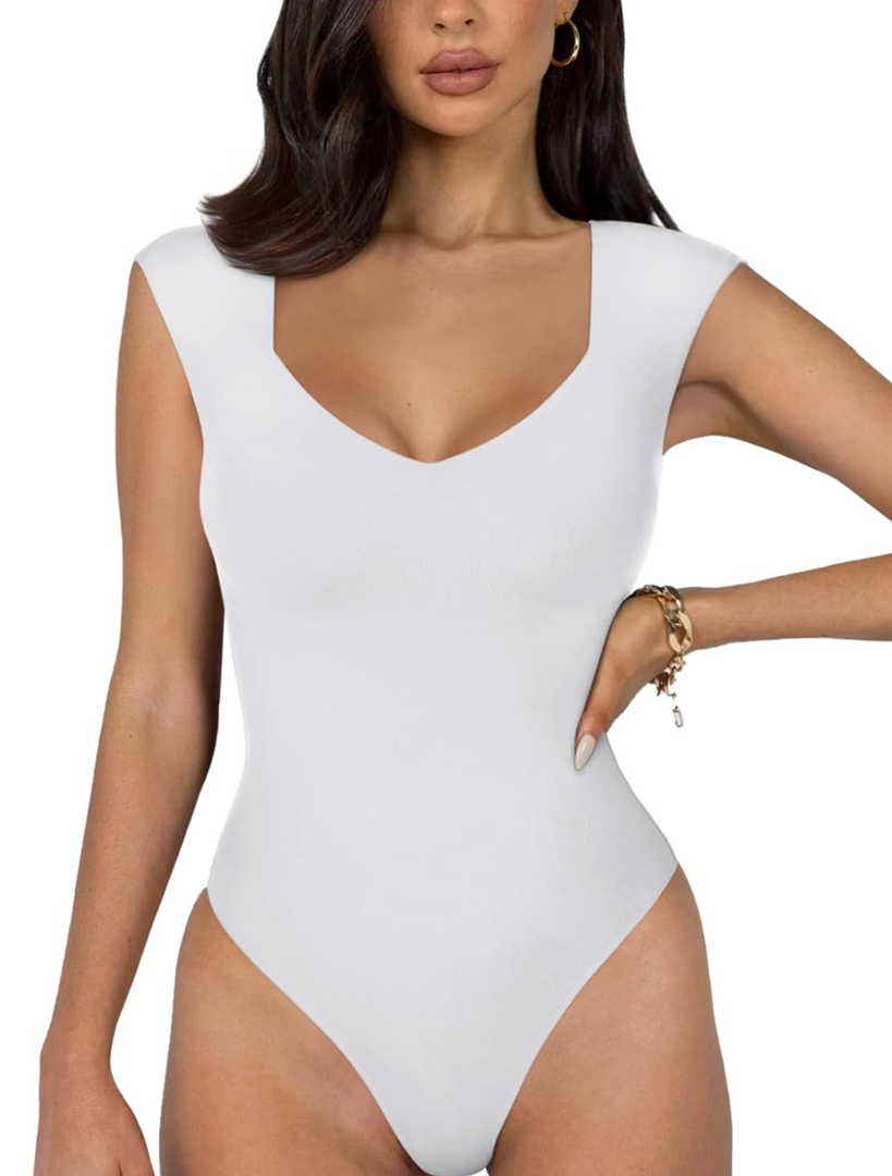 REORIA Butsmooth® Women's Trendy Sexy Casual V Neck Double Lined Sleeveless Slimming Going Out Tank Top Bodysuits, Size L