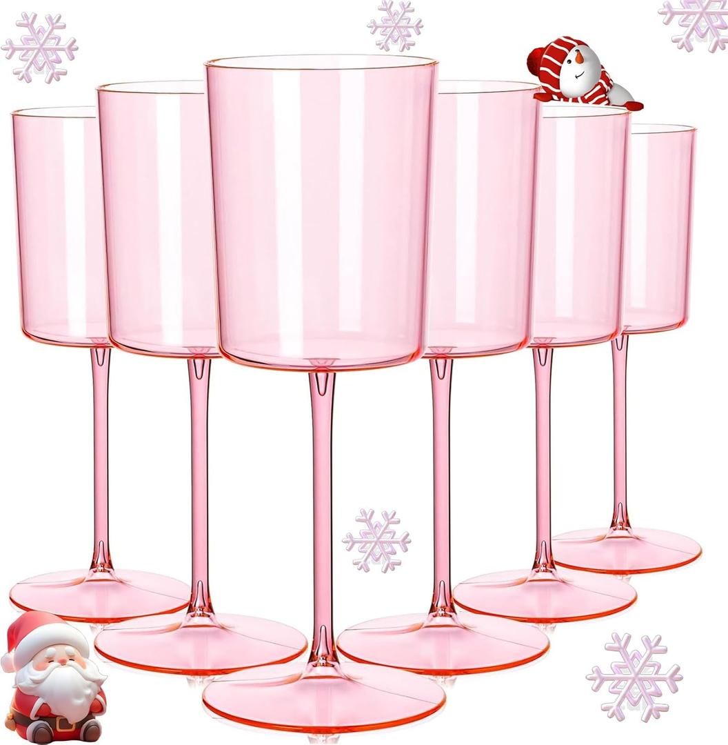 Ciaell 12 Pack Pink Plastic Wine Glasses - 10 Oz Disposable Wine Glasses with Stem for Parties & Weddings & Poolside & Outdoors & Camping