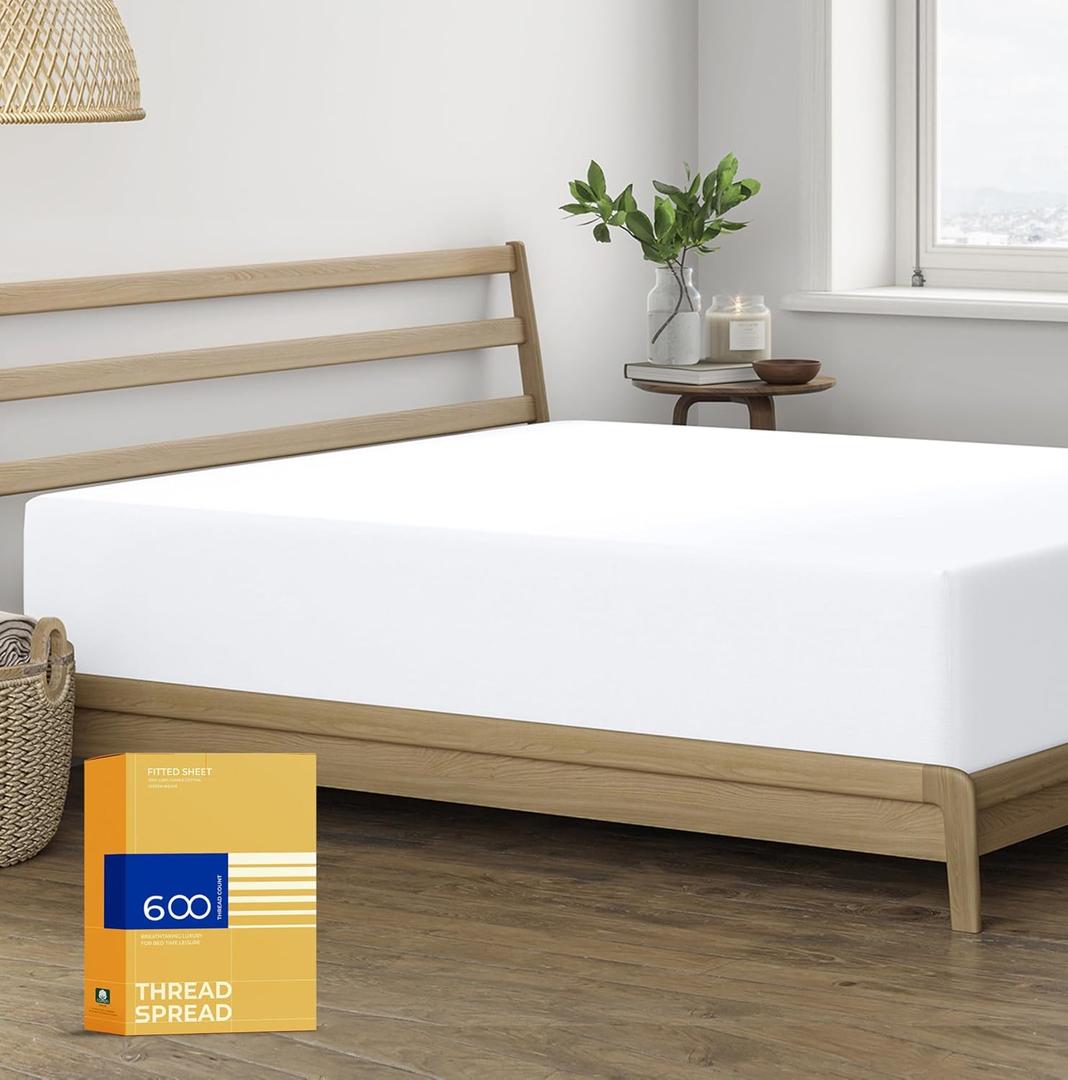 Thread Spread 100% Cotton Queen Fitted Sheet Only - 600 Thread Count Cotton Fitted Sheet Queen, Luxuriously Soft, Durable, Cooling 16" Deep Pocket Sateen Weave Bottom, Luxury Hotel Quality - White