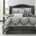 LANCO MODERN LIFESTYLE Grey Queen Comforter Set 7 Pieces, Jacquard Woven with Damask, Bedding Set in a Bag Includes Comforter, Bed Skirt, Pillow Shams, and Decorative Pillows