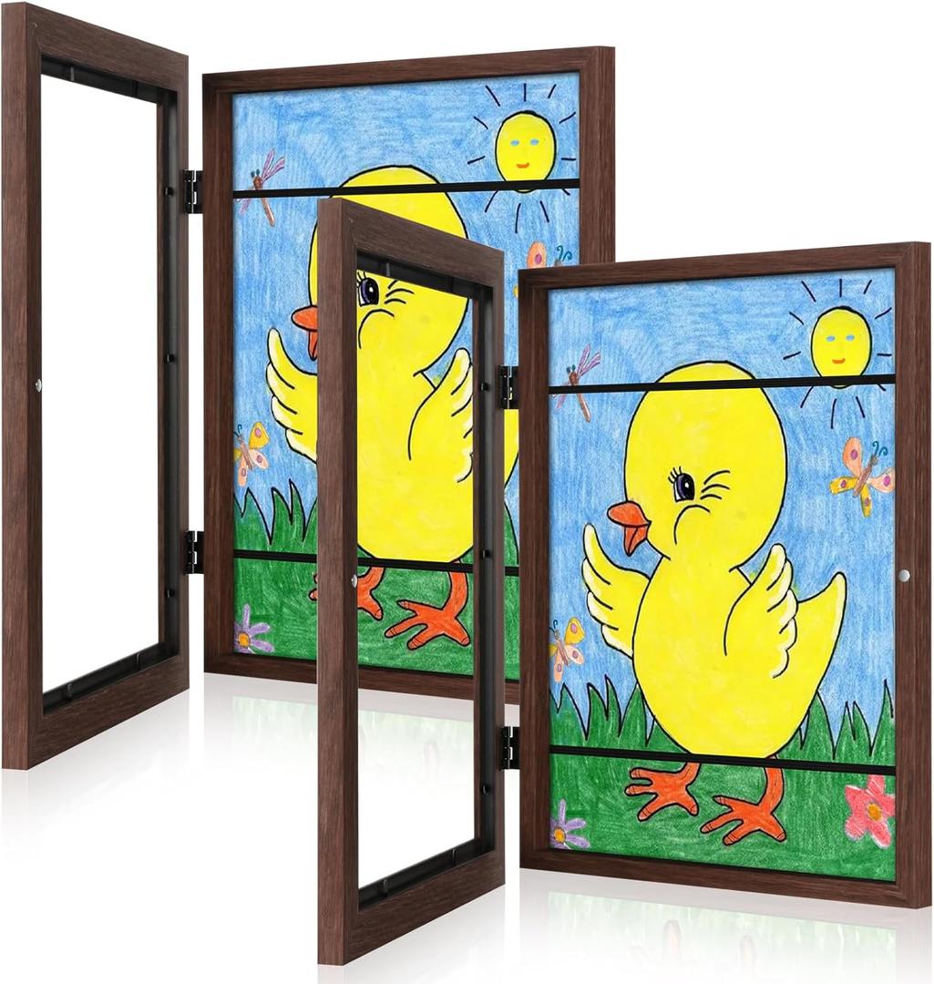 [2Pack] Kids Art Frames, 9x12 Front Opening Kids Artwork Frames Changeable, Brown Artwork Display Storage Frame for Wall, Holds 50 Pcs, for 3D Picture, Crafts, Children Drawing, Hanging Art, Portfolio