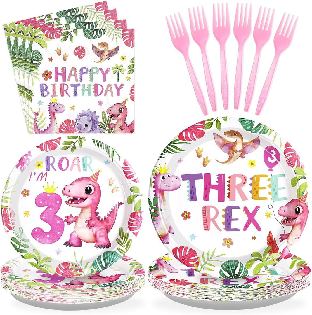 Grencian 96 Pcs Pink Dinosaur Birthday Decorations for 3rd Girls Dino Theme Party Supplies Disposable 3rd Dinosaur Party Tableware Set for three Year Old Girls Birthday Decor Serves 34