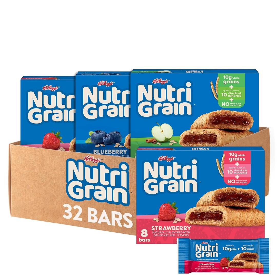 Nutri-Grain Soft Baked Breakfast Bars, Kids Snacks, Whole Grain, Variety Pack (4 Boxes, 32 Count) (EXP 08/17/26)