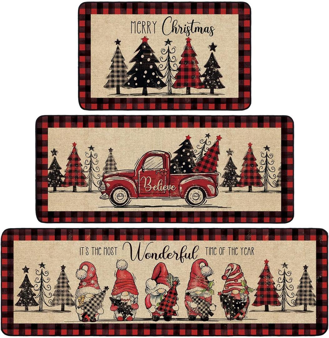 3 Pcs Christmas Kitchen Rugs Non Slip Winter Floor Mat for Kitchen Floor Hallway Laundry Sink and Bathroom, 20"x32" 20"x47", 20"x59" (Buffalo Plaid)