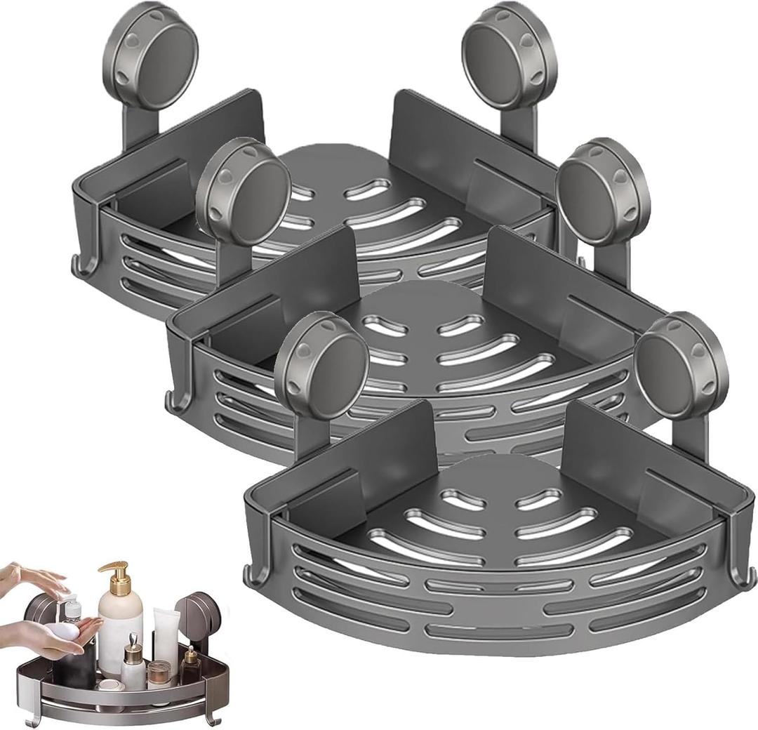 Triangle Suction Cup Shower Caddy, Corner Shower Shelves No Drilling, Aluminum Upgrade Suction Cup Shower Organizer with Towel Bar & Hooks, Heavy-Duty Strong Hold (Gray, 3pcs)