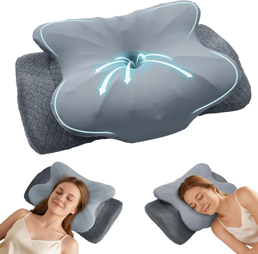 Cervical Neck Pillow for Sleeping, Ergonomic Memory Foam Pillow for Neck Pain Relief, Dual Height Contour Support for Side and Back Sleepers, Cooling Breathable Pillowcase, Grey, 23.6*15*5.5