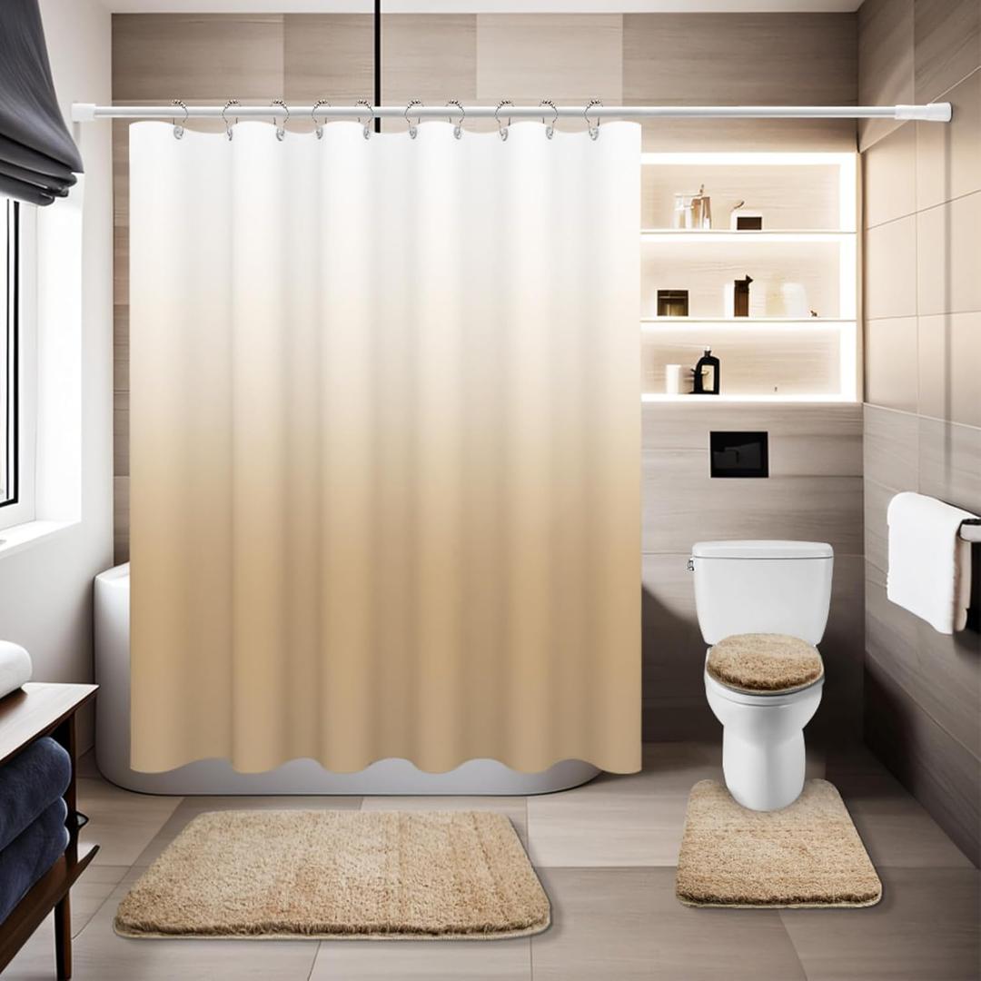 Beige Bathroom Sets with Shower Curtain and Rugs Waterproof Shower Curtain 1 Piece and Soft Bathroom Rugs 3 Piece for Luxury Bathroom Decor