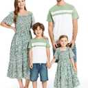 PATPAT Family Matching Outfits Boho Floral Print Square Neck Puff Sleeve Smocked Dress and Short Sleeve T-Shirts Matching Set (Small, Sage Green)