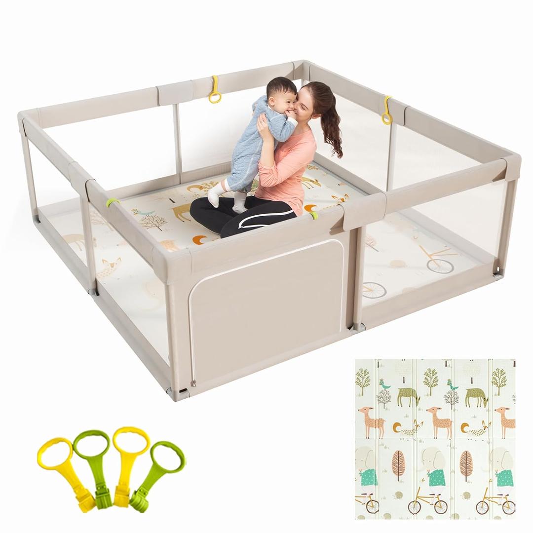 Mloong Baby Playpen with Mat, 59x59 Inches Extra Large Playpen for Babies and Toddlers, Indoor & Outdoor Activity Center, Safety Baby Fence with Gate