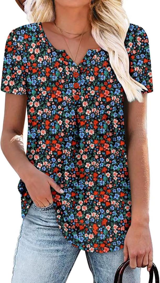 Women's Summer Tops Short Sleeve Shirts Henley Loose Fit Tunic Ladies Flowy Blouse Plus Size (C Royal Red)