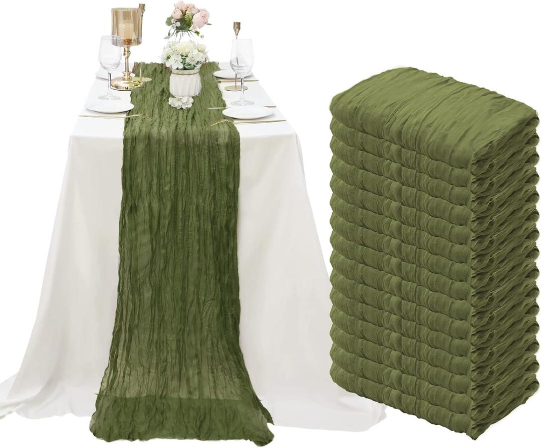 15 Pack Cheesecloth Table Runner Grass Green 10Ft Gauze Cheese Cloth Table Runner 35x120 Inch Boho Table Runners for Wedding Birthday Party Engagement Bridal Baby Shower Anniversary Christmas Decor