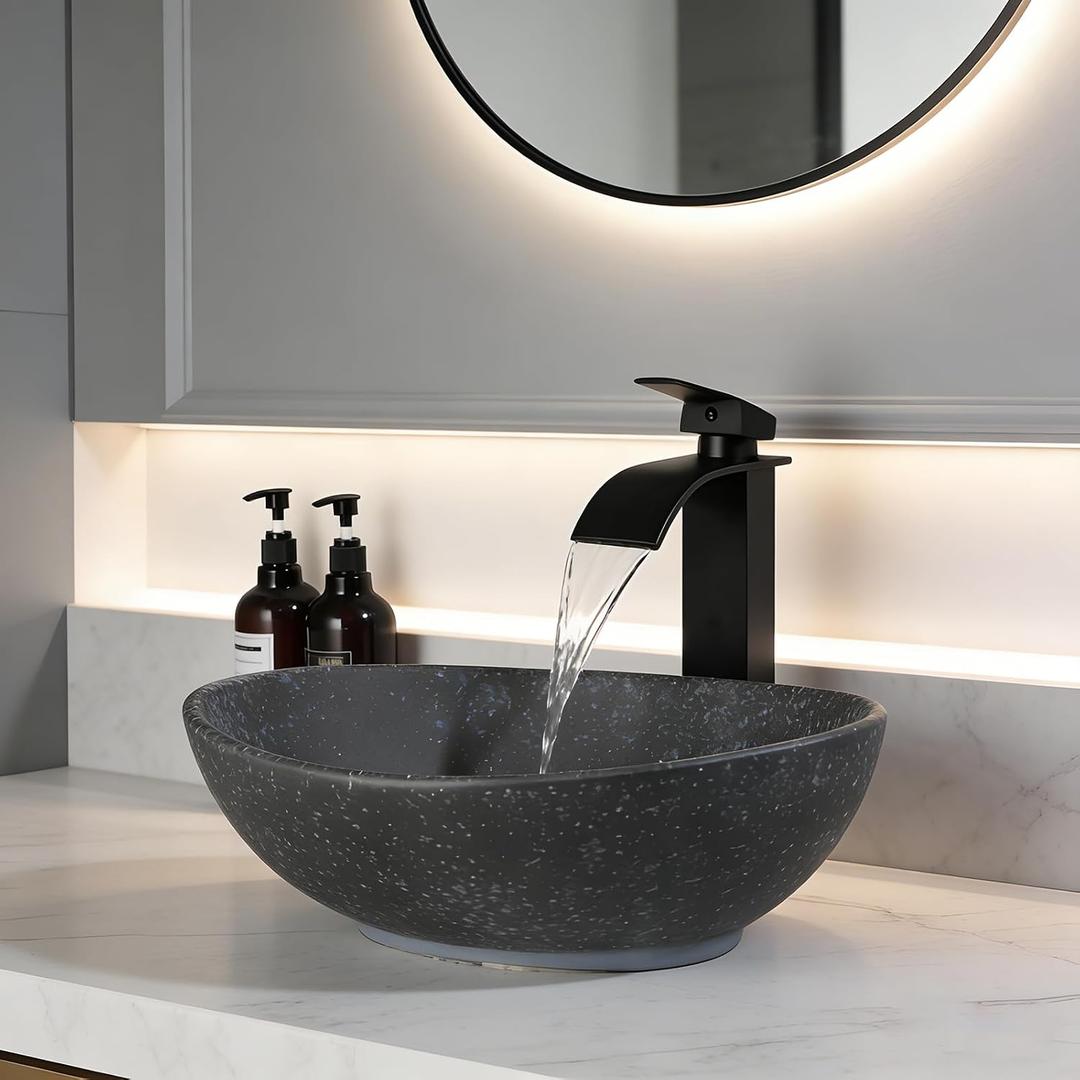 Ceramic Bathroom Vessel Sink Oval Bathroom Sink Above Counter Vessel Sinks for Bathrooms Black Bowl Small Vessel Sink with Faucet and Drain Combo, 13.2"L x 16"W x 5.5"H
