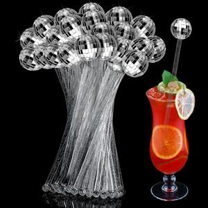 Sawysine 48 Pcs Disco Balls Cocktail Stirrers Plastic Round Top Swizzle Sticks Mirror Disco Ball Stir Sticks Decorative Straws Drink Stirrers for 1970s Party Home Bar Coffee Shop Use(Silver)