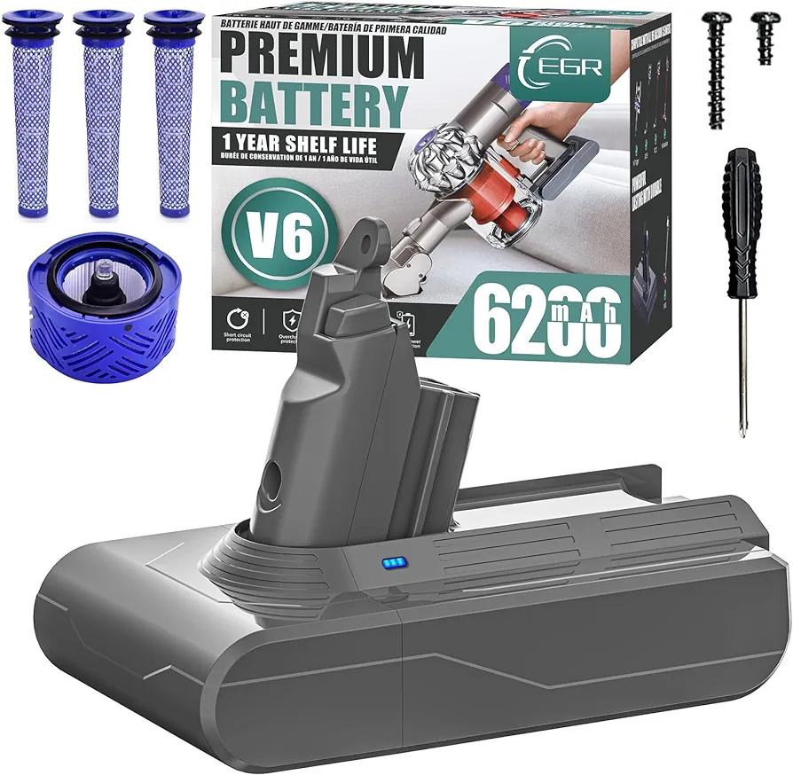 EGR Repuesto de batería premium de 6200 mAh V6 compatible con Dyson V6 Animal V6 Absolute V6 Motorhead V6 Fluffy SV03 SV04 SV05 SV06 SV07 SV09 DC58 DC59 DC61 DC62 DC72 DC74 Aspiradora (no compatible