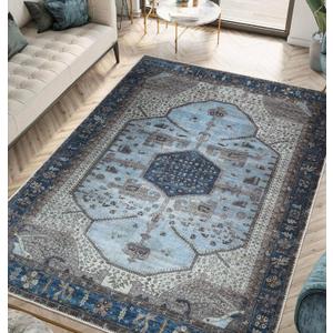 Keen Home Design 3x5 Rug - Machine Washable Entry Rug with Non-Slip Backing, Ideal for Enteryway, Kitchen, Bathroom, Laundry Room - Vintage, Easy Clean, Durable, Low Pile Rug - (3' x 5') (Blue/Beige)