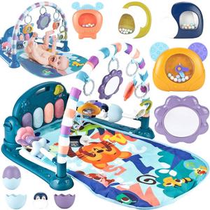 Baby Play Mat Gym, Funny Play Piano Tummy Time Activity Mat with 5 Infant Sensory Toys, Music and Lights, Boy & Girl Gifts for Newborns 0 to 3 6 9 12 Months (Blue)