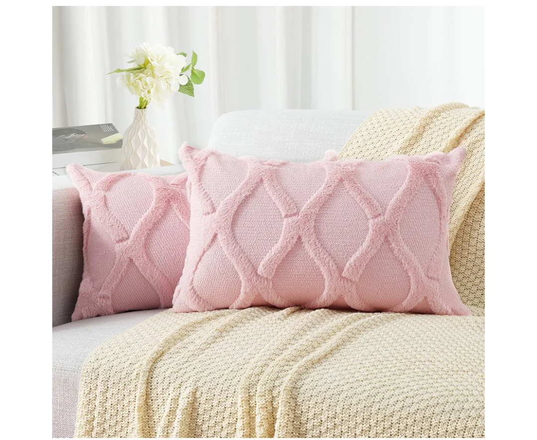 decorUhome Throw Pillow Covers 12x20 Inch Set of 2, Soft Plush Faux Fur Wool Lumbar Light Pink Couch Pillow Covers, Decorative Neutral Pillow Cases for Bed Sofa Living Room Home Decor