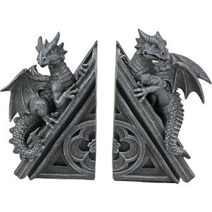 Design Toscano Castle Dragon Gothic Decor Decorative Bookend Statues, 8 Inch, Set of Two, Polyresin, Grey Stone