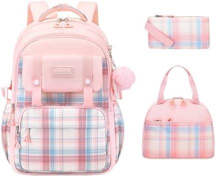 TYHOTULY 3Pcs Cute Backpack for Girls with Lunch Box & Pencil Case, Large Capacity Kids Bookbag for Elementary Middle School Students Waterproof Kawaii Preppy Aesthetic Plaid Backpack Age 4-16