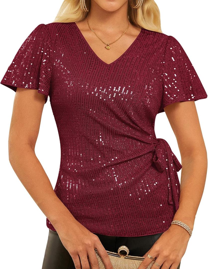 GRACE KARIN Womens Sequin Tops 2025 Ruffle Sleeve Sparkly Shirt, Glitter Party Blouses Dressy Concert Disco Outfits (XX-Large, Burgundy)