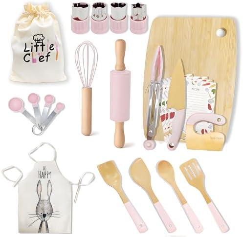 Wooden Cooking & Baking Set for Real Cooking, 32PCS Mini Knife Set Safe Montessori Kitchen Tools, Kitchen Knifes/Cutting Board/Apron with Storage Bag, Baking Utensils Christmas Gift for Little Chef