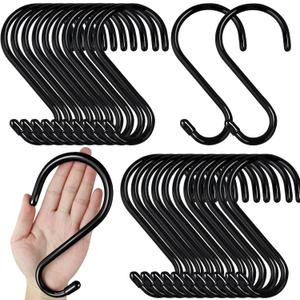 24 Pack Heavy Duty S Hooks, Non Slip Rubber Coated, 7mm Thick Metal Black S Hooks for Hanging Plants, Closet, Bird Feeders, Kitchen, Large Objects, Tools, Bikes
