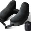 Sunany Travel Neck Pillow for Airplane Pillow Comfortably Supports Head, Neck and Chin, Inflatable Travel Pillow with Soft Velour Cover and Portable Drawstring Bag (Black, H-Shape)