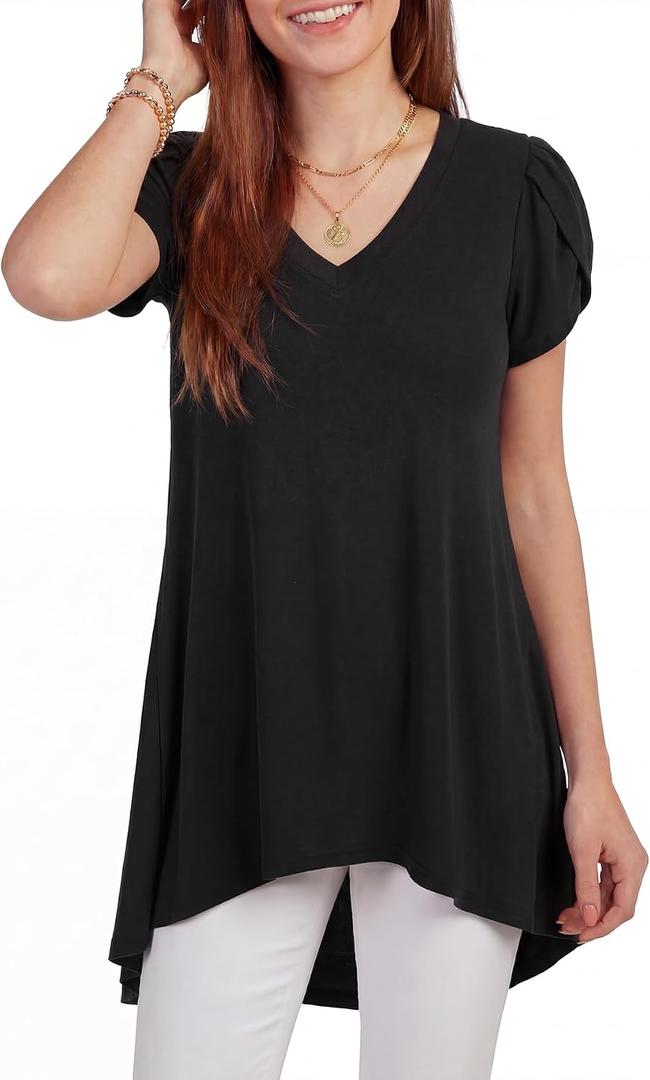LYANER Women's Long Shirt Top to Wear with Leggings High Low Hem V Neck Short Sleeve Loose Fit Flowy Tunic Black X-Large