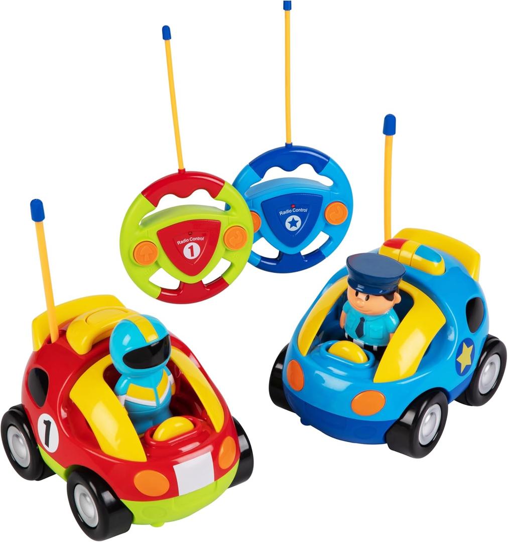 PREXTEX Cartoon Remote Control Car - 2-Pack Police and Race Car Toddler Toys - RC Cars for Kids with Different Frequencies - Easy Remote Control Toy and Thoughtful Gifts for Boys and Girls