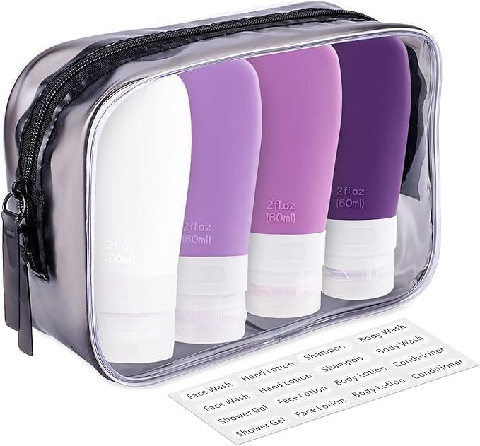 INSFIT Portable Travel Bottles, TSA Approved Leak Proof Containers for Toiletries, BPA Free Refillable Accessories for Shampoo, Body Wash, Liquids (4 Pack) (2 Ounce, Purple 2oz)