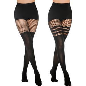 MANZI Faux Thigh High Tights Mock Suspender Pantyhose Striped Goth Fishnets Pack of 2 (One Size, Black-striped/Grid)