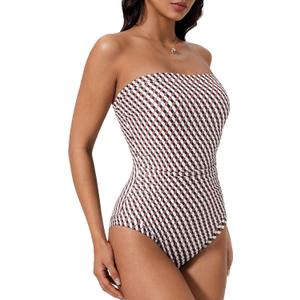 SUUKSESS Women One Piece Tummy Control Swimsuit Strapless Bandeau Bathing Suit (Medium, Geometric Patterns)