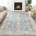 Area Rugs for Living Room: 9x12 Washable Rug Vintage Boho Floral Print - Ultra Thin Stain Resistant Large Soft Non Slip Foldable Carpets for Bedroom Dining Room Office Nursery - Blue (9' x 12')