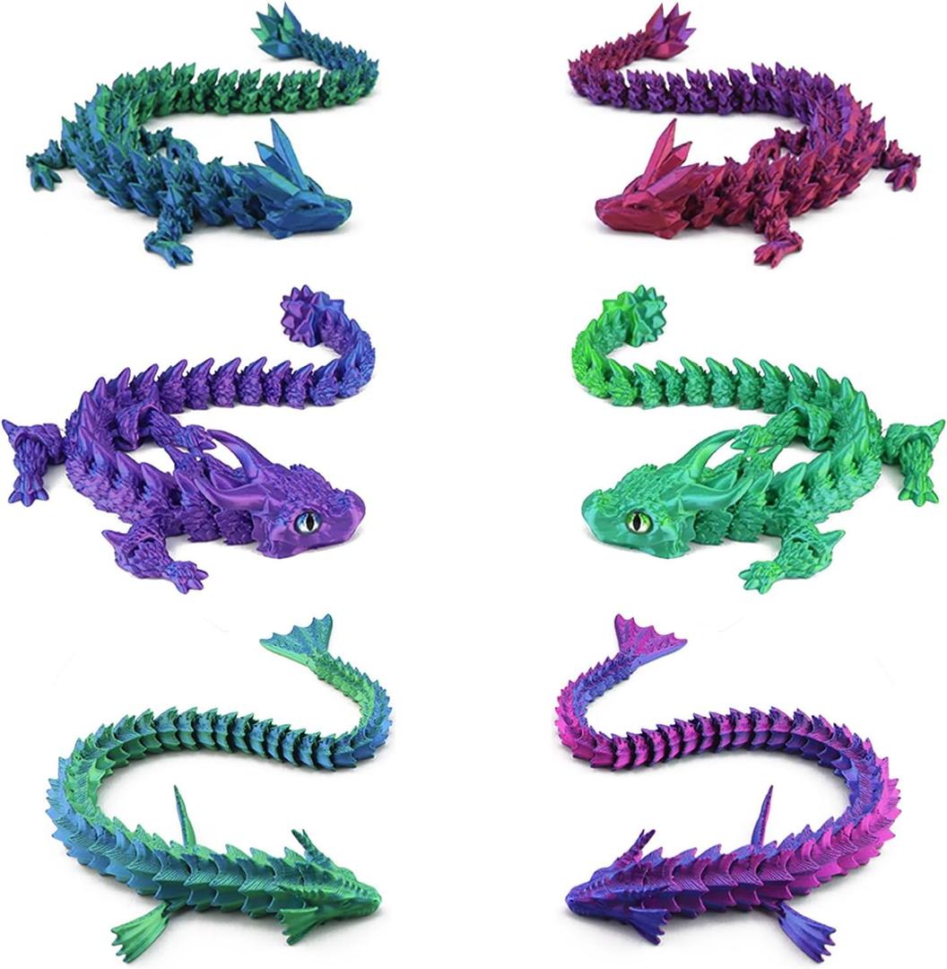 Pushmick 6-Pack 3D Printed Dragons, Horned/Crystal/Flood Dragon Fidget Toys, Mysterious Articulated Dragons Great Baskets or Desk/Room Decor. (6 Pcs Set1)
