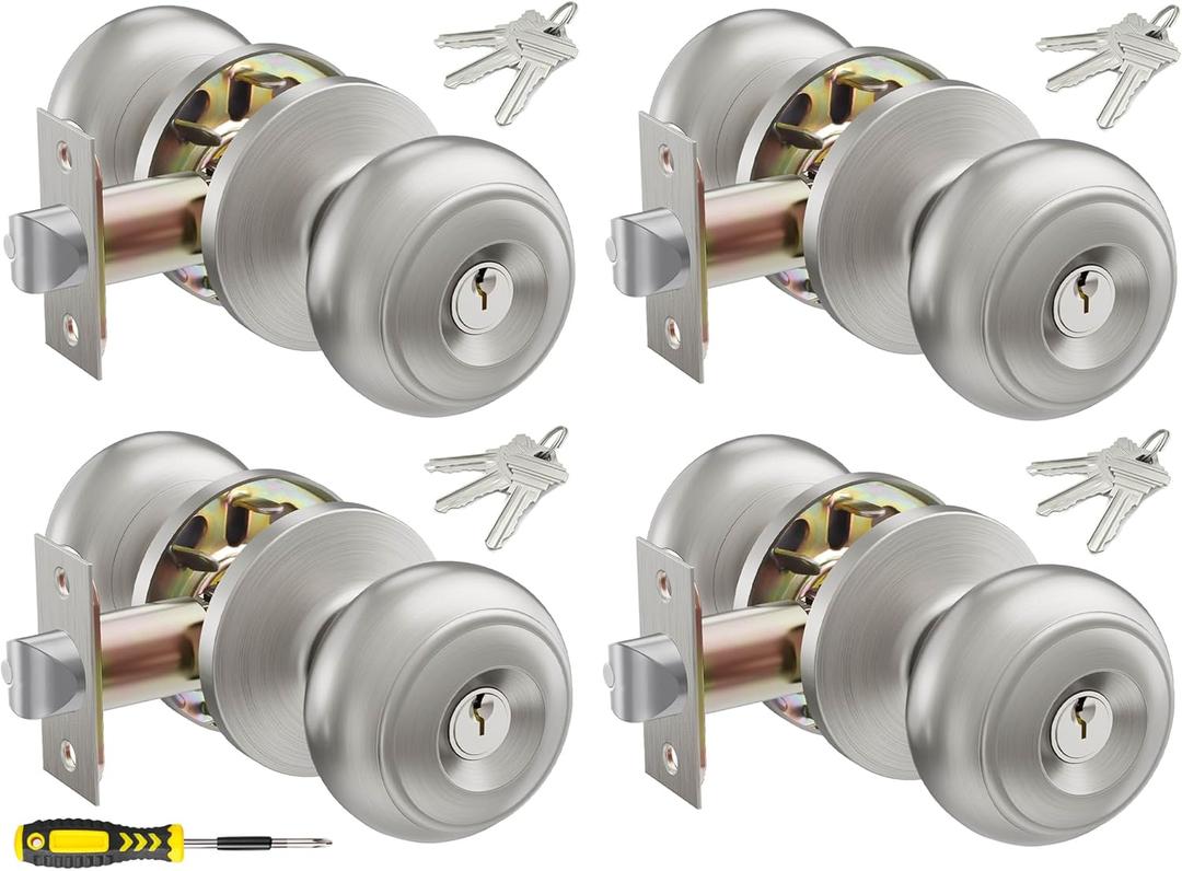 4 Pack Keyed Entry Door Knob Set, All Keyed Same Exterior and Interior Stainless Steel Door Locks, Satin Nickel Front/Entrance Door Knobs Handle 4 Pack Keyed Entry Door Knob Set, All Keyed Same Exterior and Interior Stainless Steel Door Locks, Satin Nickel Front/Entrance Door Knobs Handle