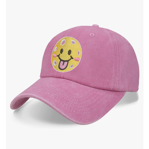 Pickleball Hat for Women Men, Adjustable Embroidered Cotton Smiley Face Washed and Distressed Baseball Cap Pink
