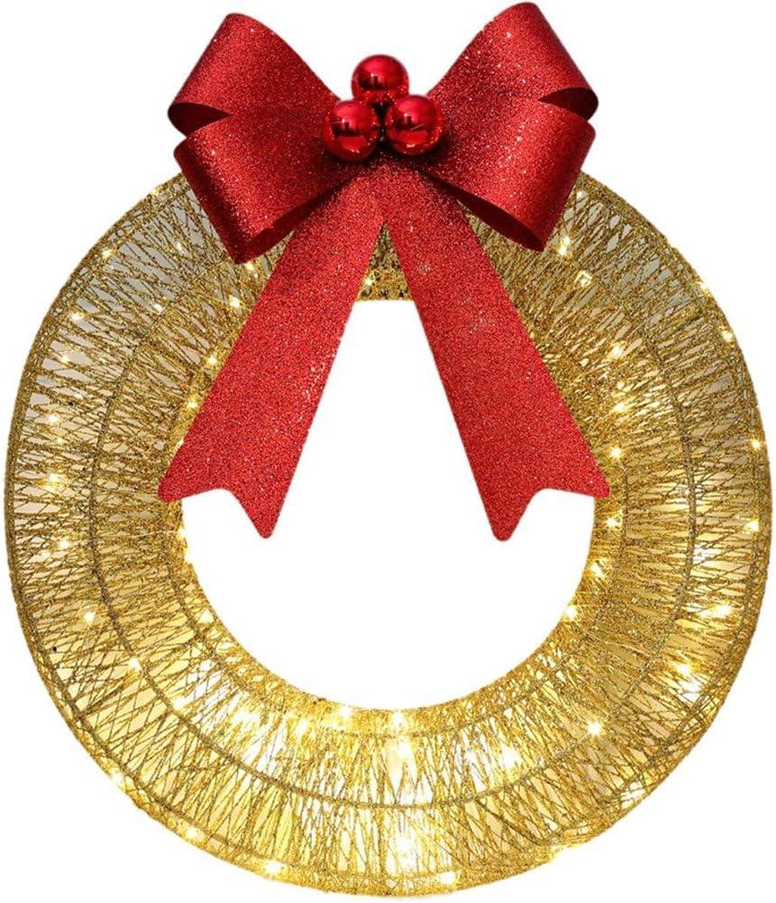 Metal Christmas Wreath Light Up Artificial Door Wreath Led Lights Christmas Wreath with Warm Lights Christmas Wreath (Golden)