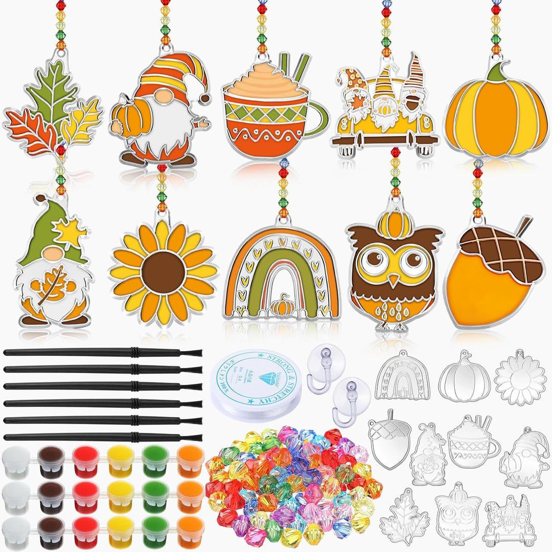 30 Sets Thanksgiving Day Fall Suncatchers Window Art Kits, Autumn Leaf Pumpkin Acorn DIY Sun Catchers Crafts Bulk Window Paint Art Ornaments for Classroom Home Party Activity (Autumn Style)